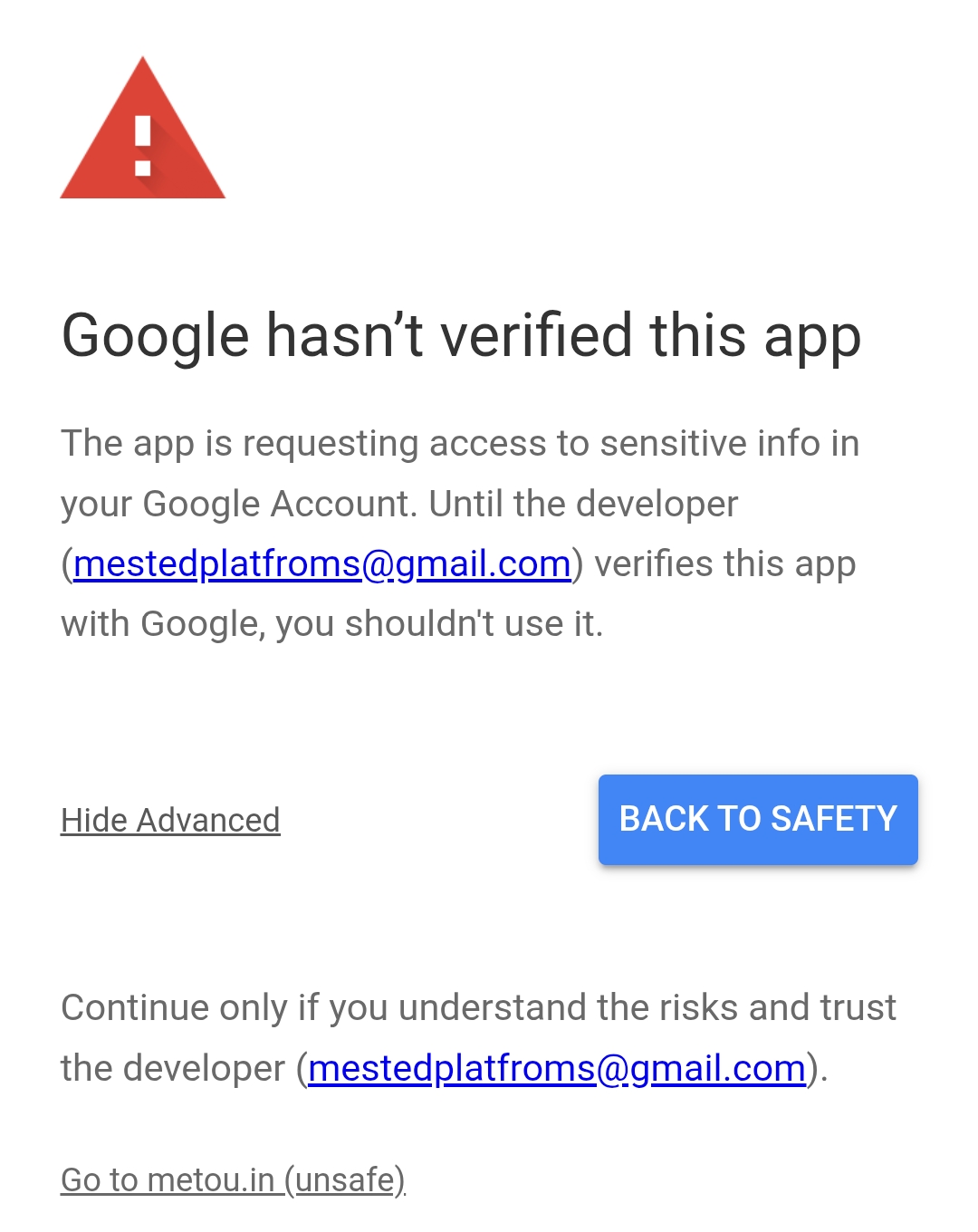 Browser warning step 1